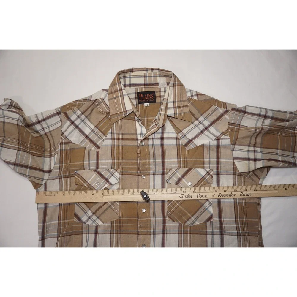 Plains Medium Tan Plaid Short Sleeve Western Pearl Snap Shirt